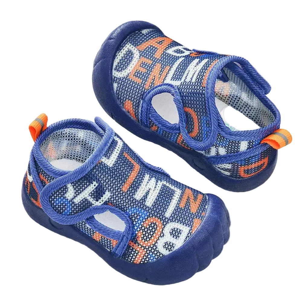 Blue children's sandals with text design on a white background