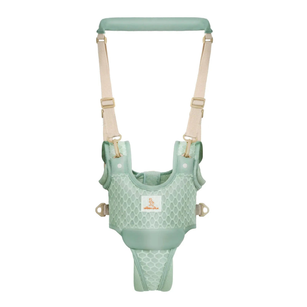 Mint green baby harness with straps on a white background