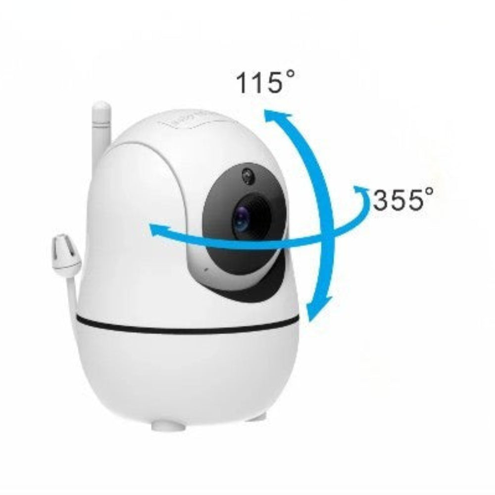 White baby monitor camera with pan and tilt movement indicators, showing wide-angle coverage on a clean background