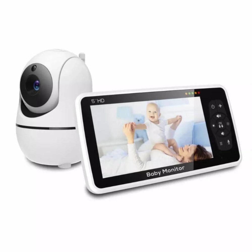 Baby monitor with camera and display showing a baby being held by a woman on a white background