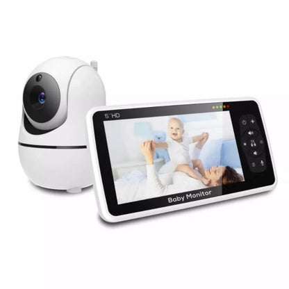 Baby monitor with camera and display showing a baby being held by a woman on a white background