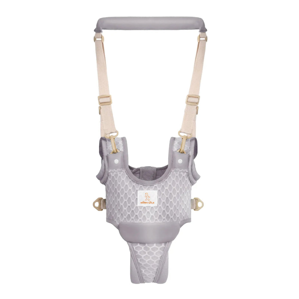 Baby harness with gray and beige design on a white background