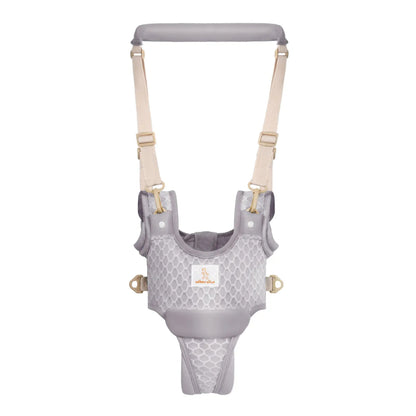 Baby harness with gray and beige design on a white background