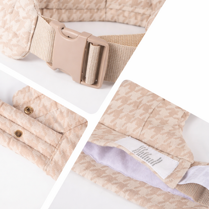 Collage of beige belt with buckle and fabric texture on a white background