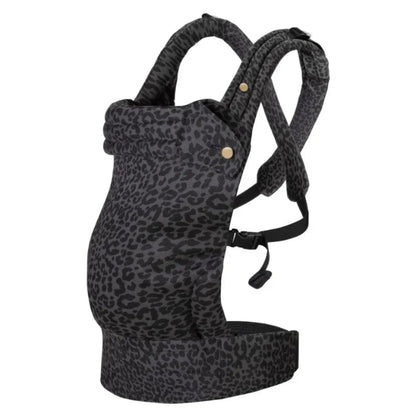 Black baby carrier with leopard print pattern on a white background