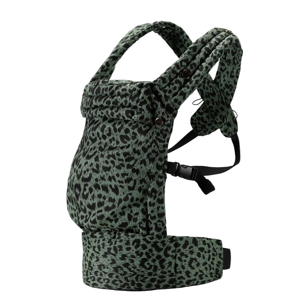 Leopard print baby carrier on a light white background