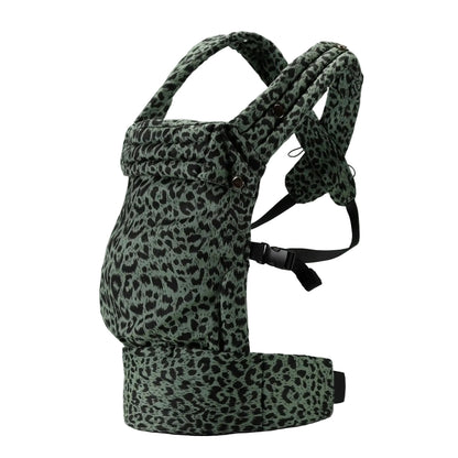Leopard print baby carrier on a light white background
