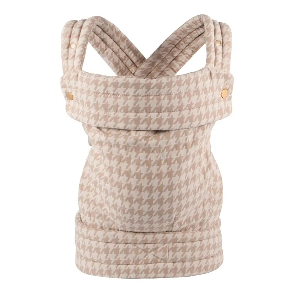 Beige baby carrier with houndstooth pattern on a white background