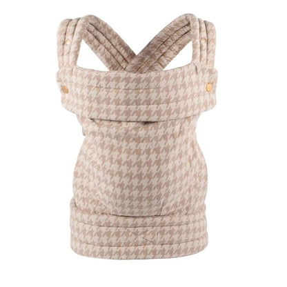 Beige baby carrier with houndstooth pattern on a white background