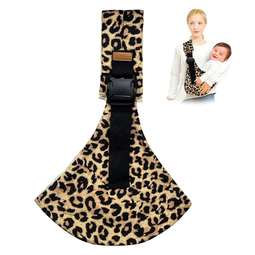 Leopard print baby carrier with a woman holding a baby wearing the carrier on a white background