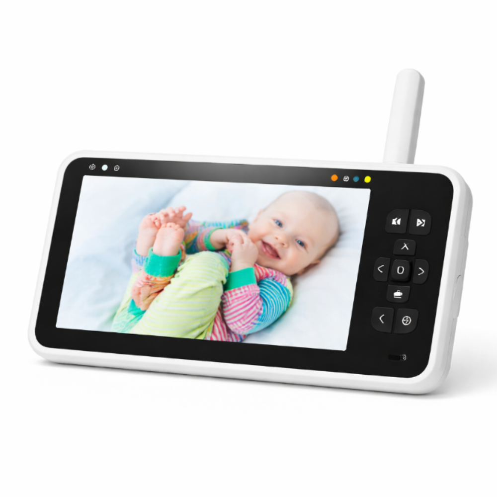 Handheld baby monitor screen showing a smiling baby, wireless parent unit with buttons on a white background