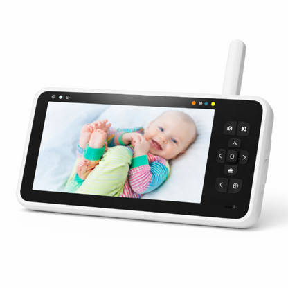 Handheld baby monitor screen showing a smiling baby, wireless parent unit with buttons on a white background