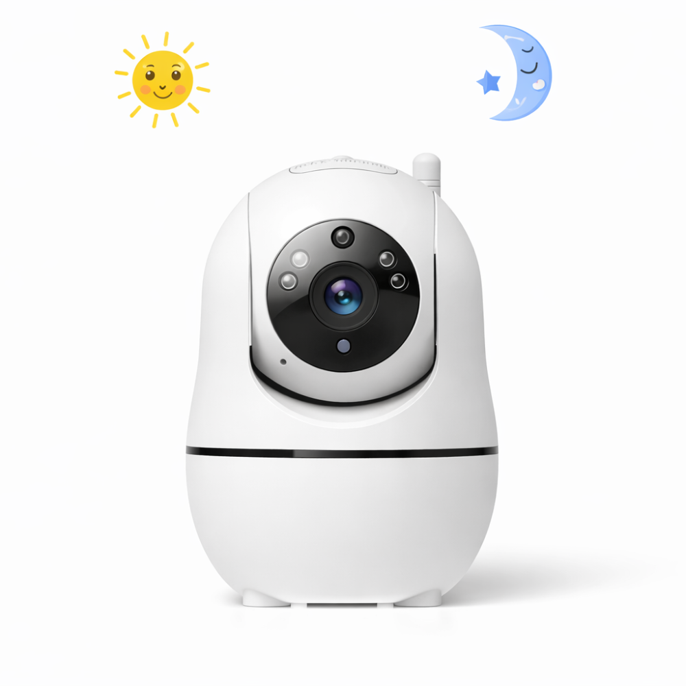 Baby monitor camera with infrared night vision by MomSafe, shown on a white background for day and night monitoring.