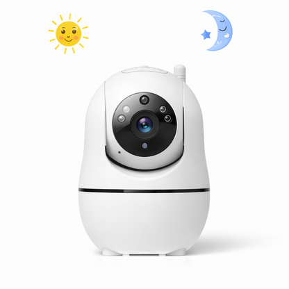 Baby monitor camera with infrared night vision by MomSafe, shown on a white background for day and night monitoring.