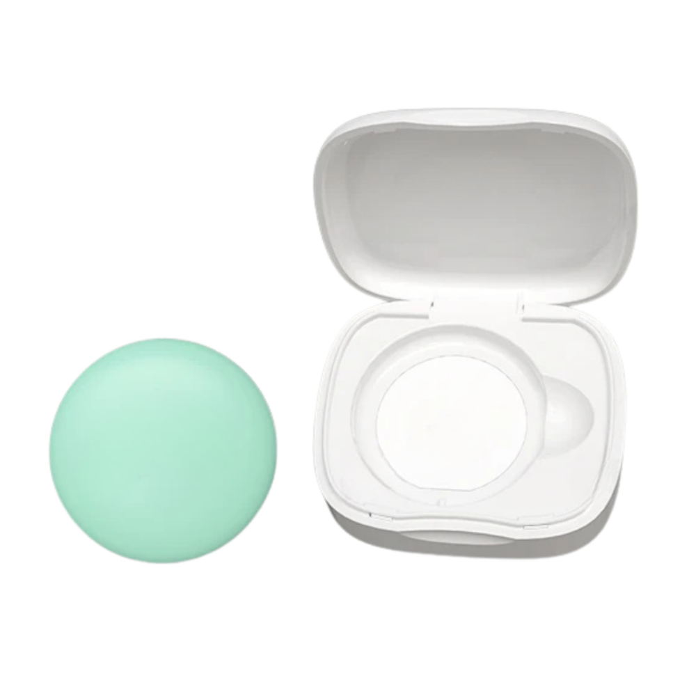 MomSafe SmartPatch wearable baby thermometer sensor and charging case isolated on white background