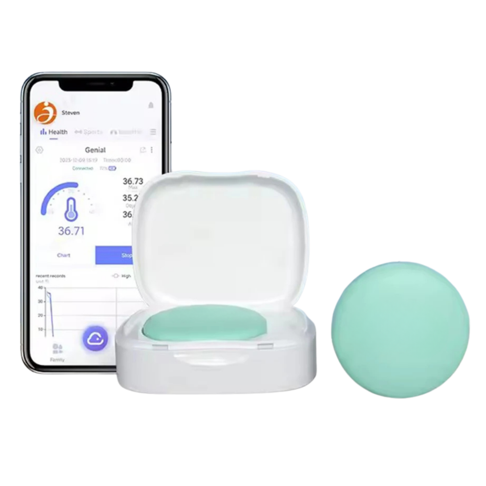 MomSafe SmartPatch wearable baby thermometer sensor with charging case on white background